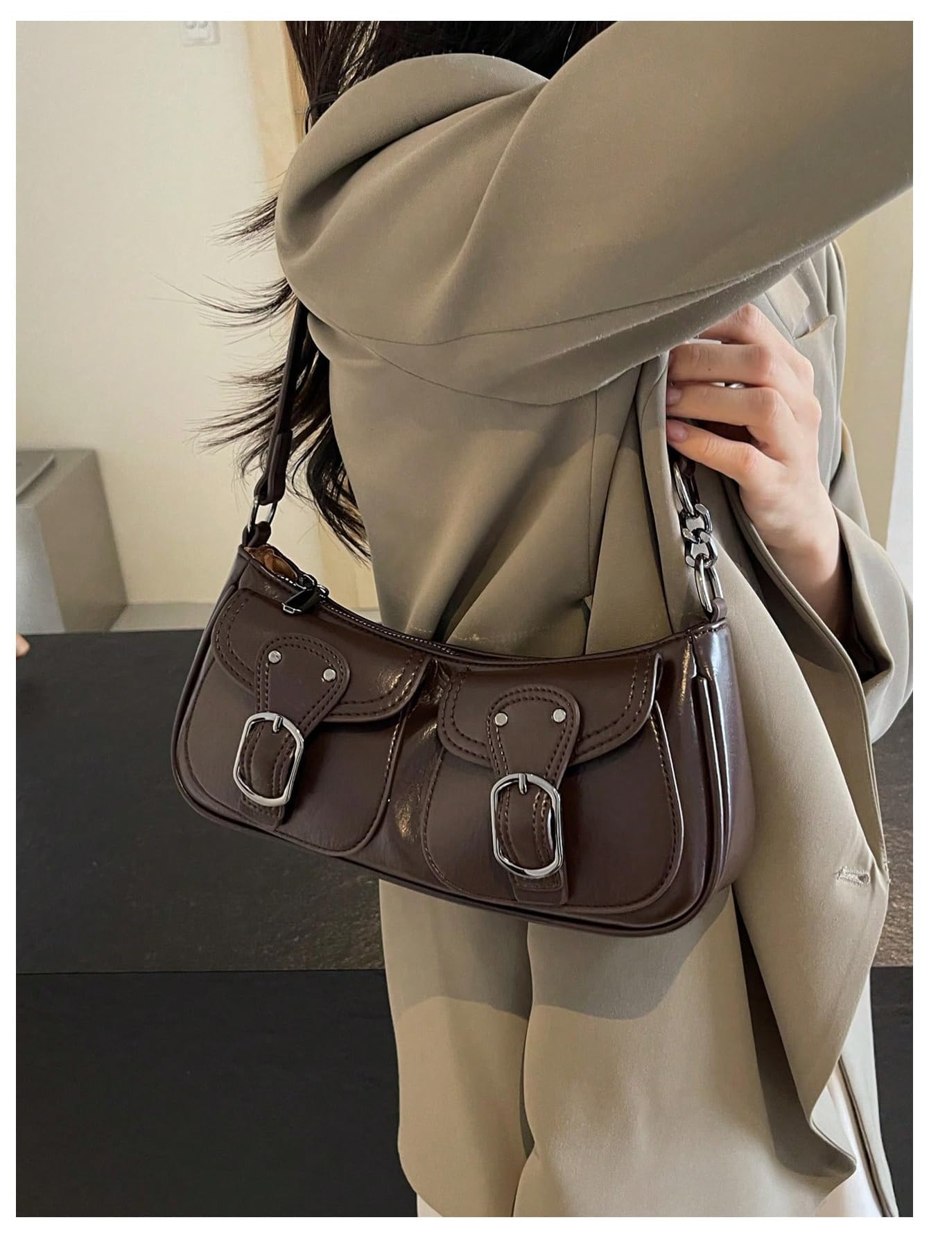 Dark Brown Baguette-Shaped Shoulder Bag - Image 2