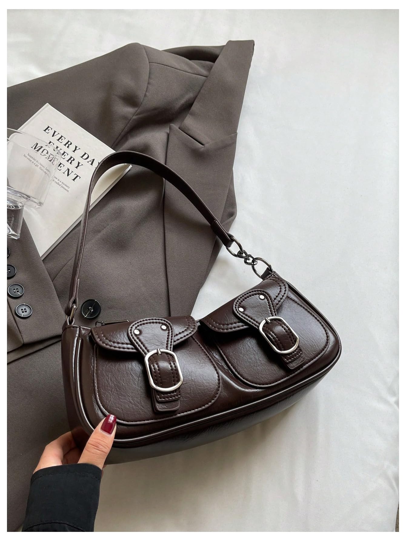 Dark Brown Baguette-Shaped Shoulder Bag - Image 6