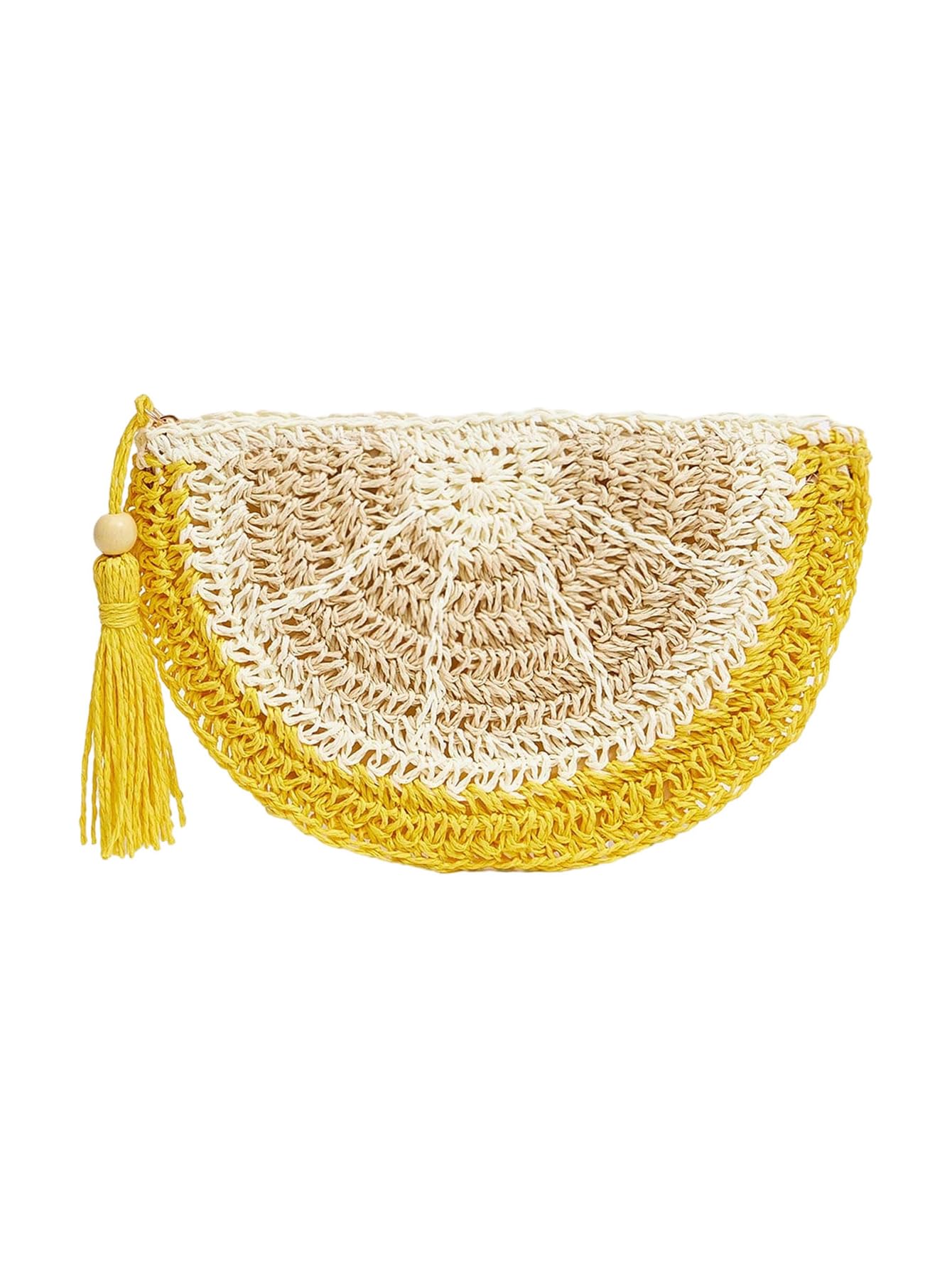 Yellow tassel woven half-moon clutch