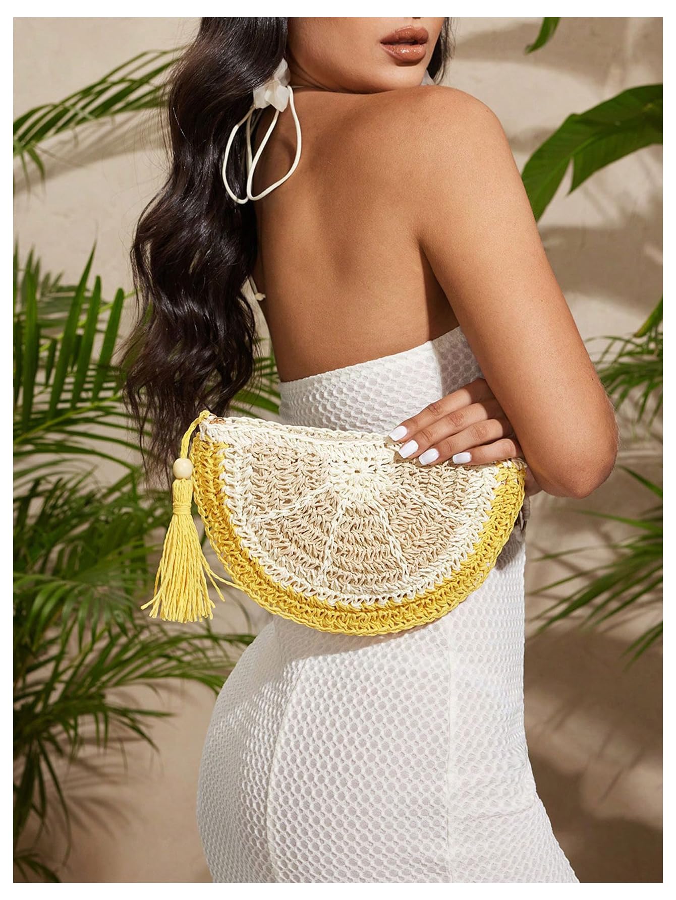 Yellow tassel woven half-moon clutch - Image 4