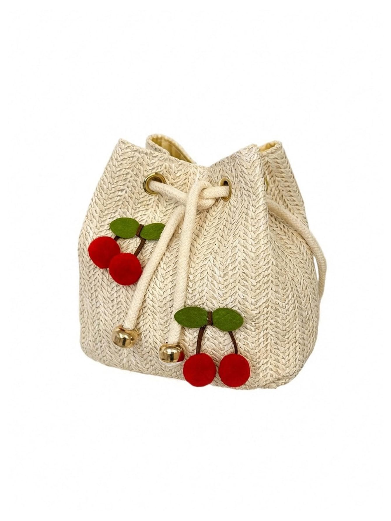 Beige woven drawstring cherry pom-pom bucket bag