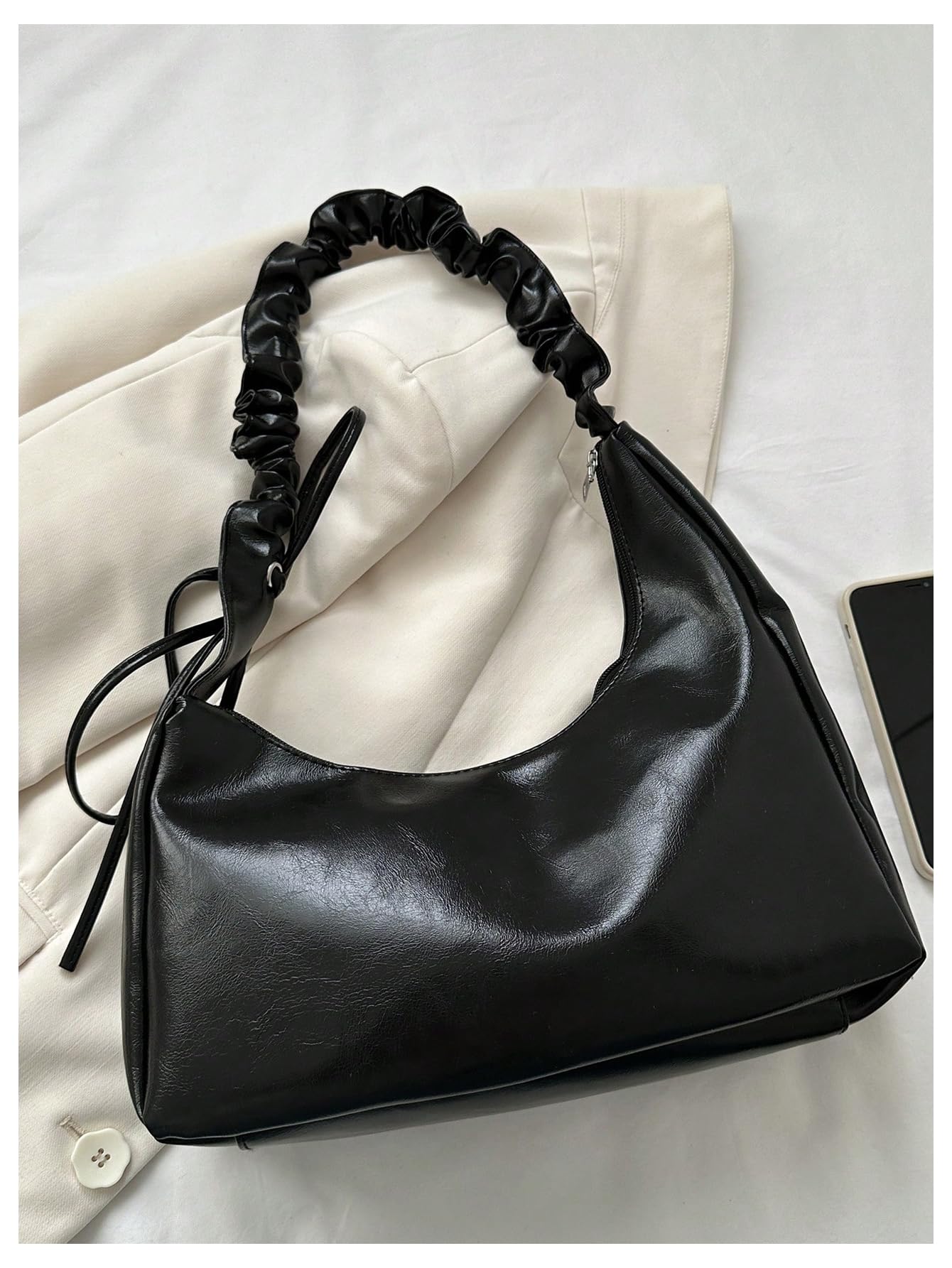 Black Ruched Handle Shoulder Bag - Image 2