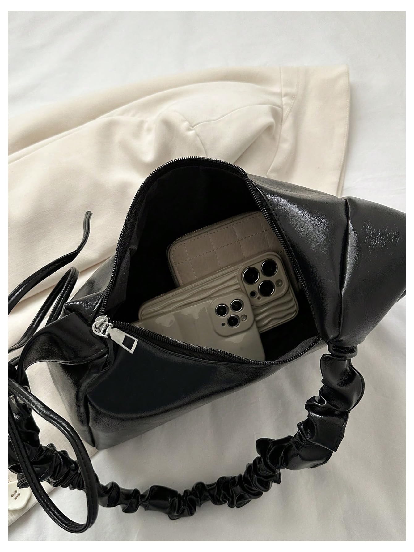 Black Ruched Handle Shoulder Bag - Image 5