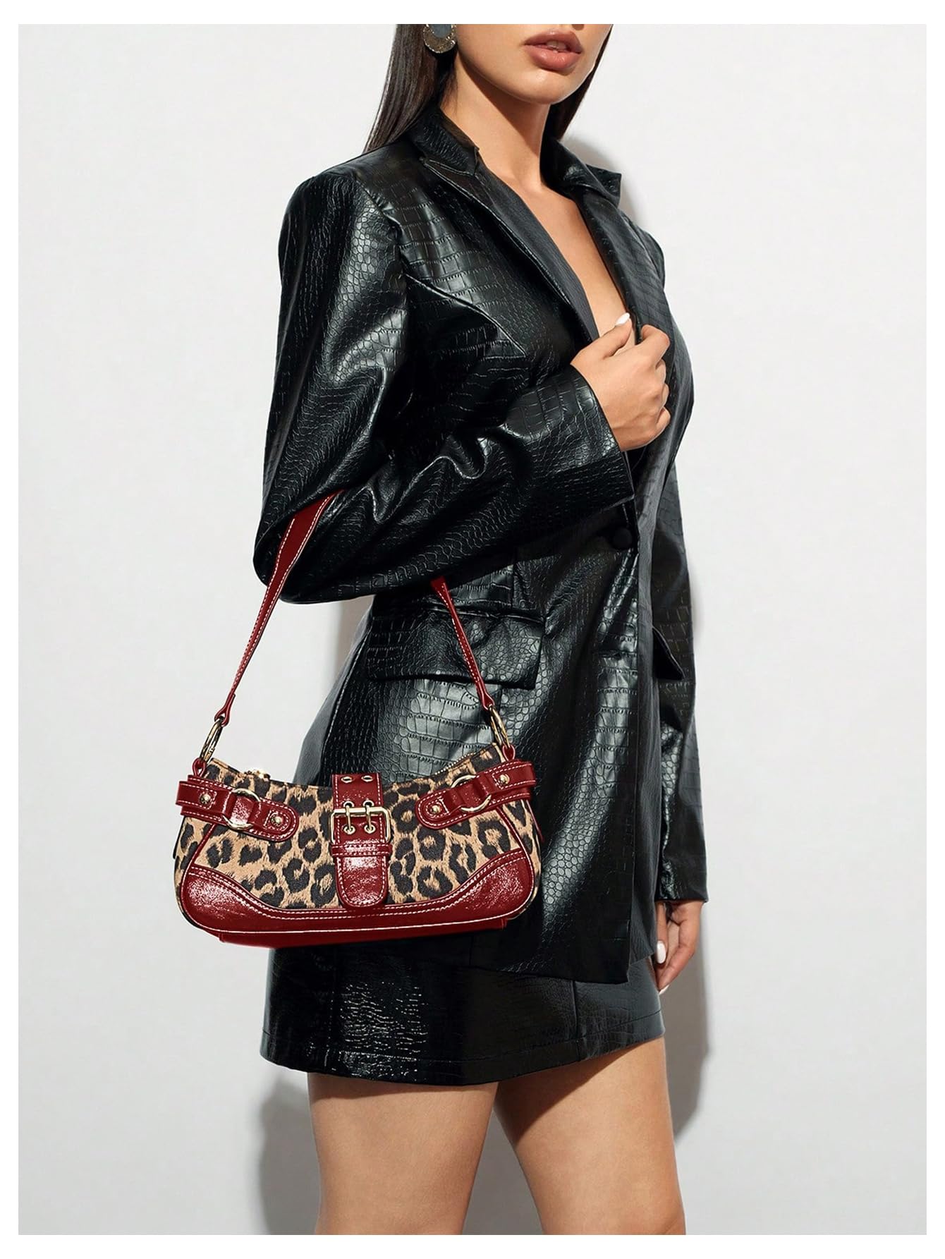 Leopard print single red buckle shoulder bag - Image 4