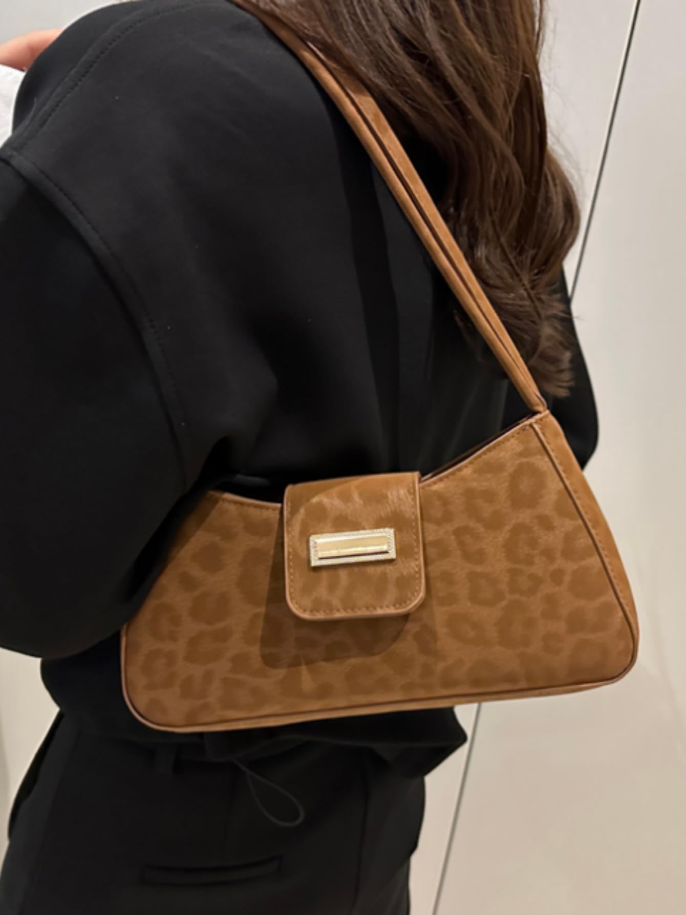 Brown Leopard Print Shoulder Bag with Flap Detail - Image 2