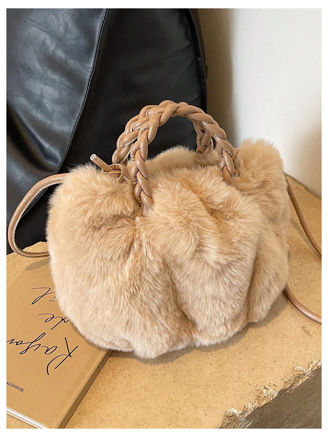 Beige faux fur handbag - Image 2