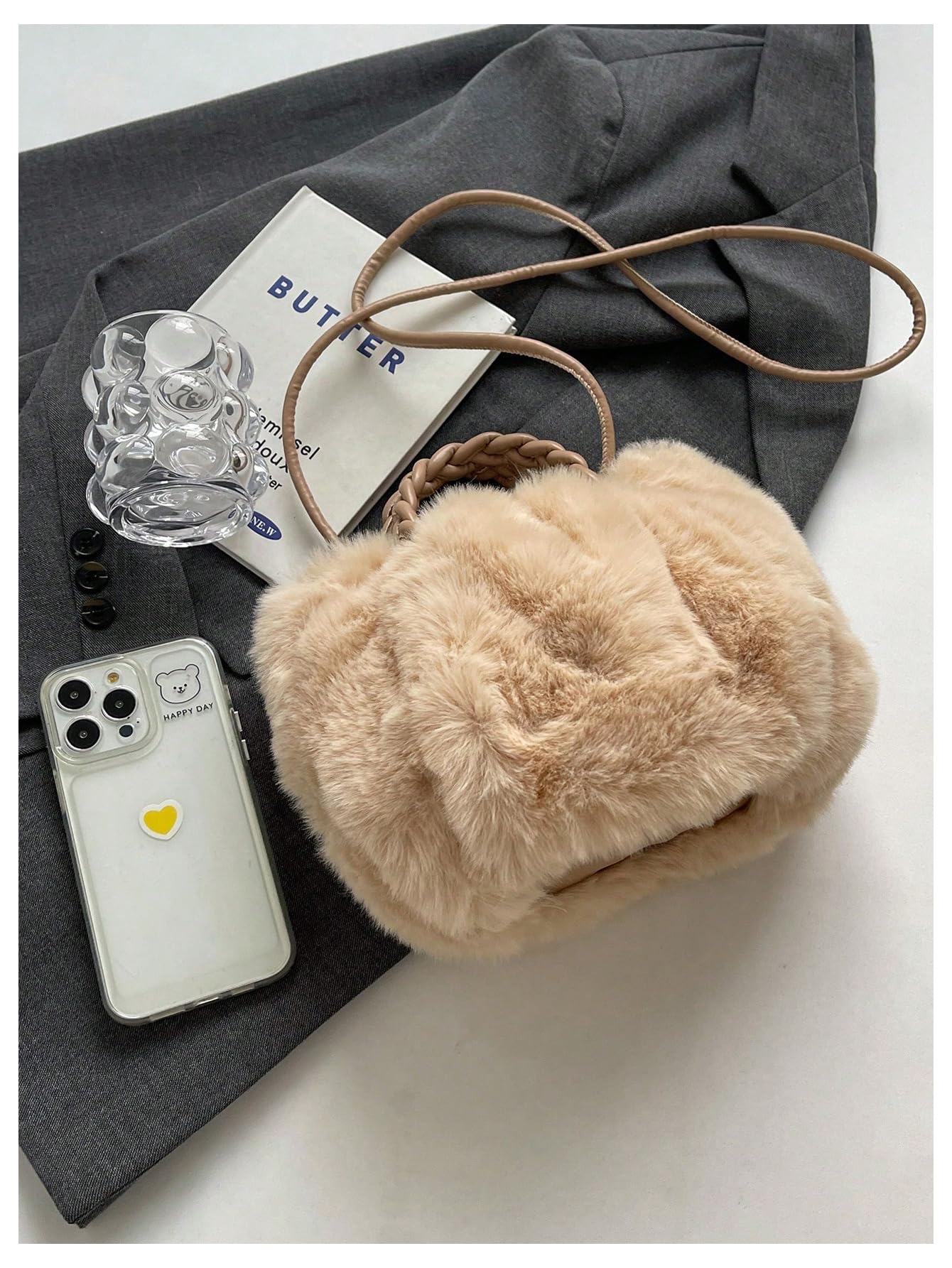 Beige faux fur handbag - Image 4
