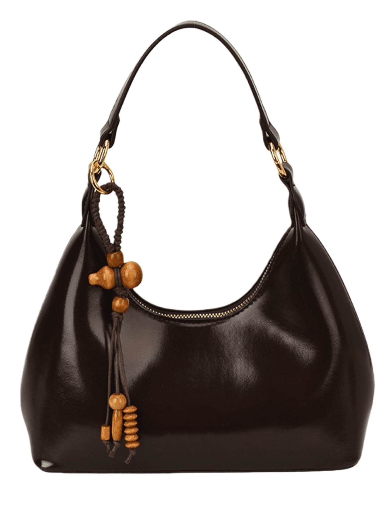 Dark brown glossy beaded pendant shoulder bag