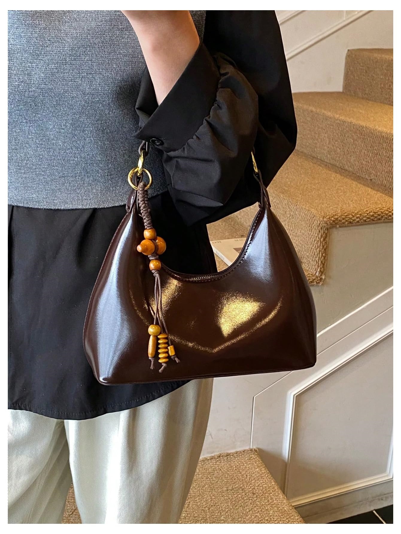 Dark brown glossy beaded pendant shoulder bag - Image 3