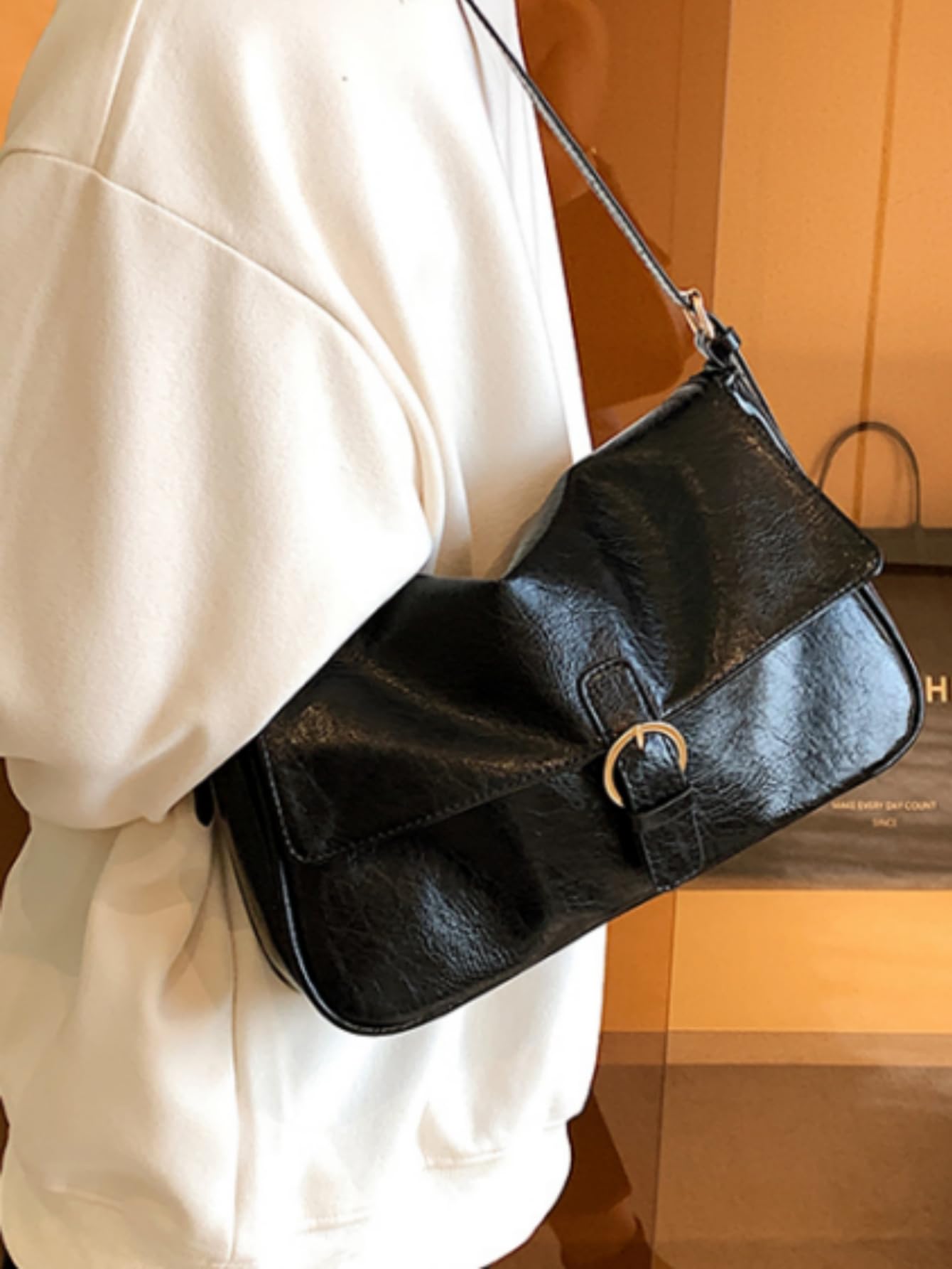 Black Minimalist Shoulder Bag with Ring Detail - Image 5