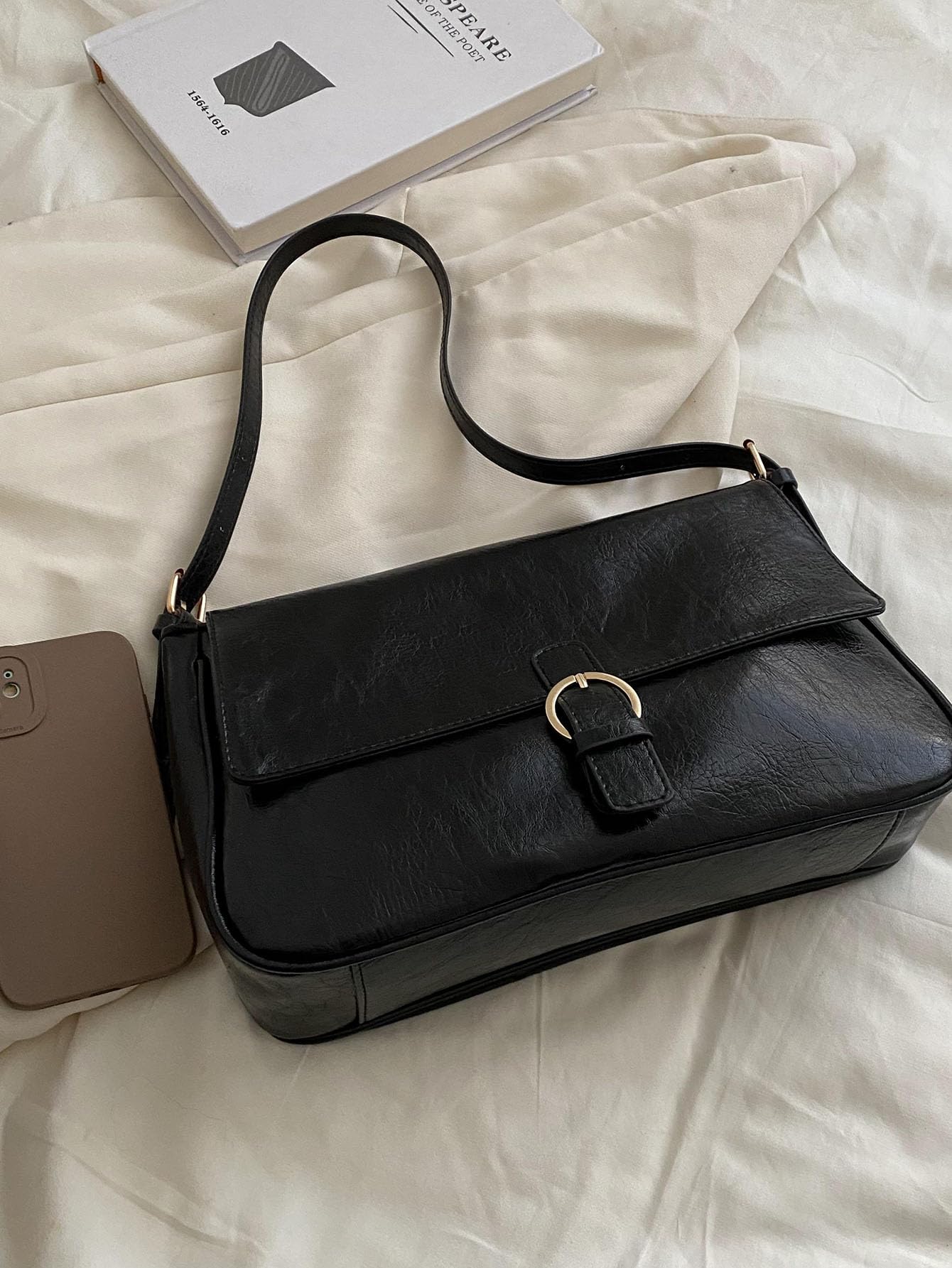 Black Minimalist Shoulder Bag with Ring Detail - Image 3