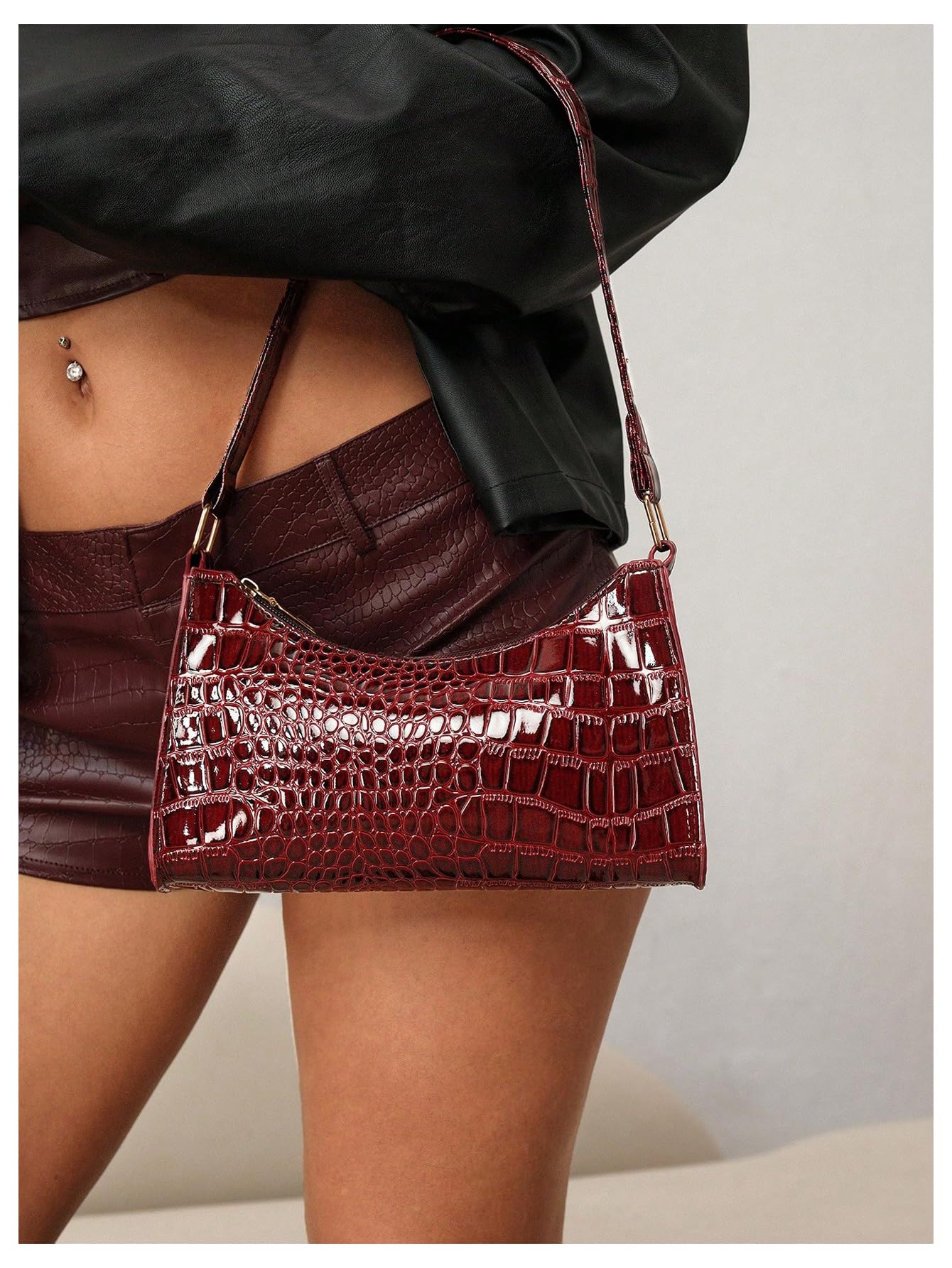 Red Crocodile Embossed Shoulder Bag - Image 4