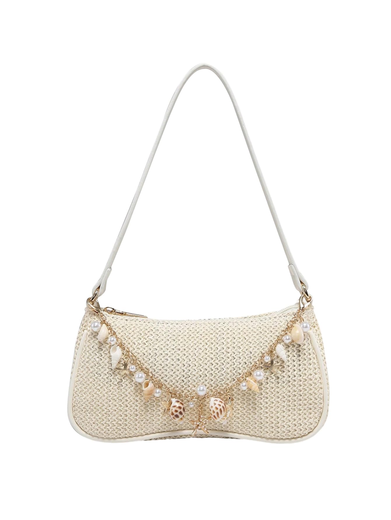 White woven pearl-embellished shoulder bag