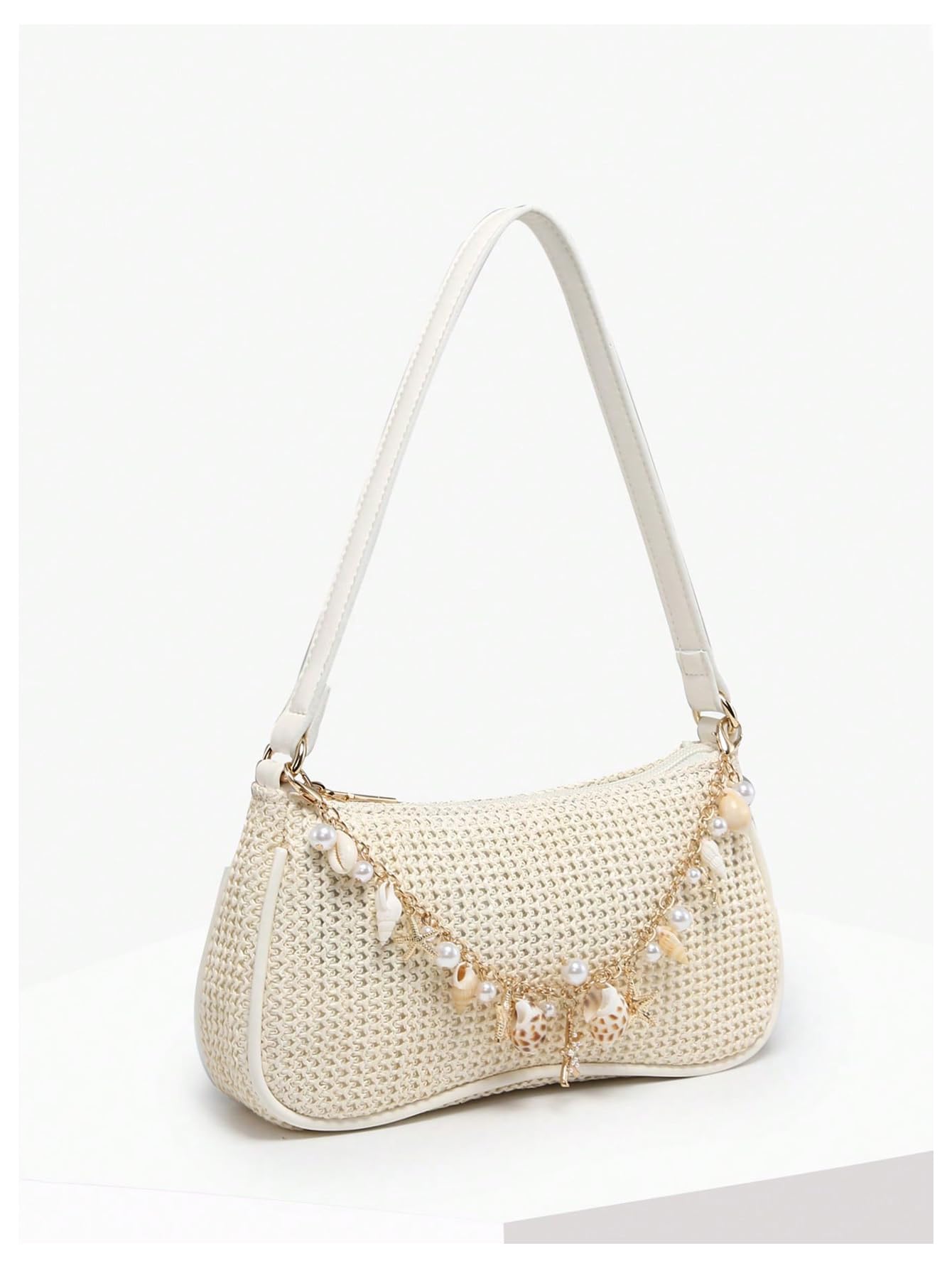 White woven pearl-embellished shoulder bag - Image 3