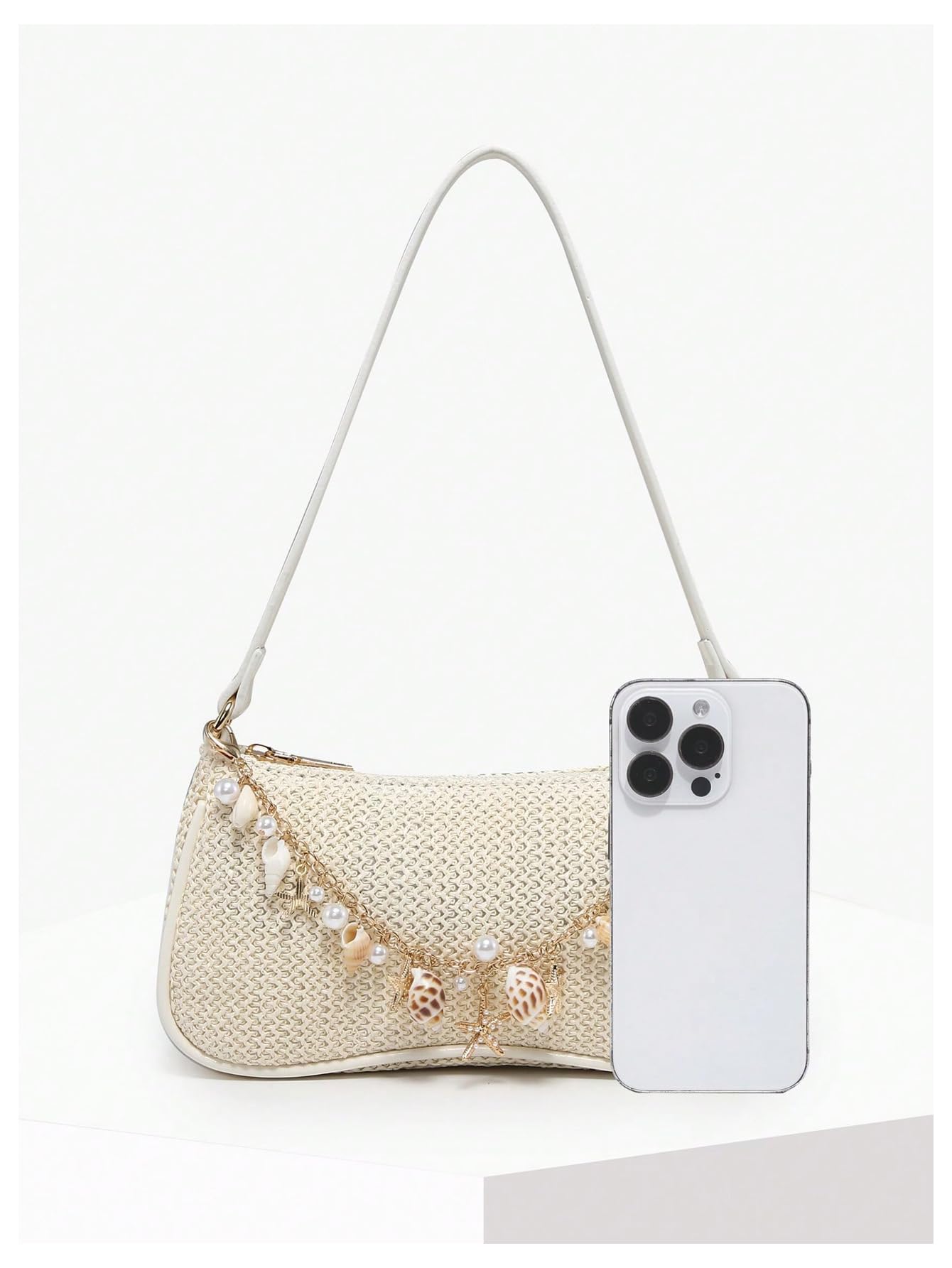 White woven pearl-embellished shoulder bag - Image 4