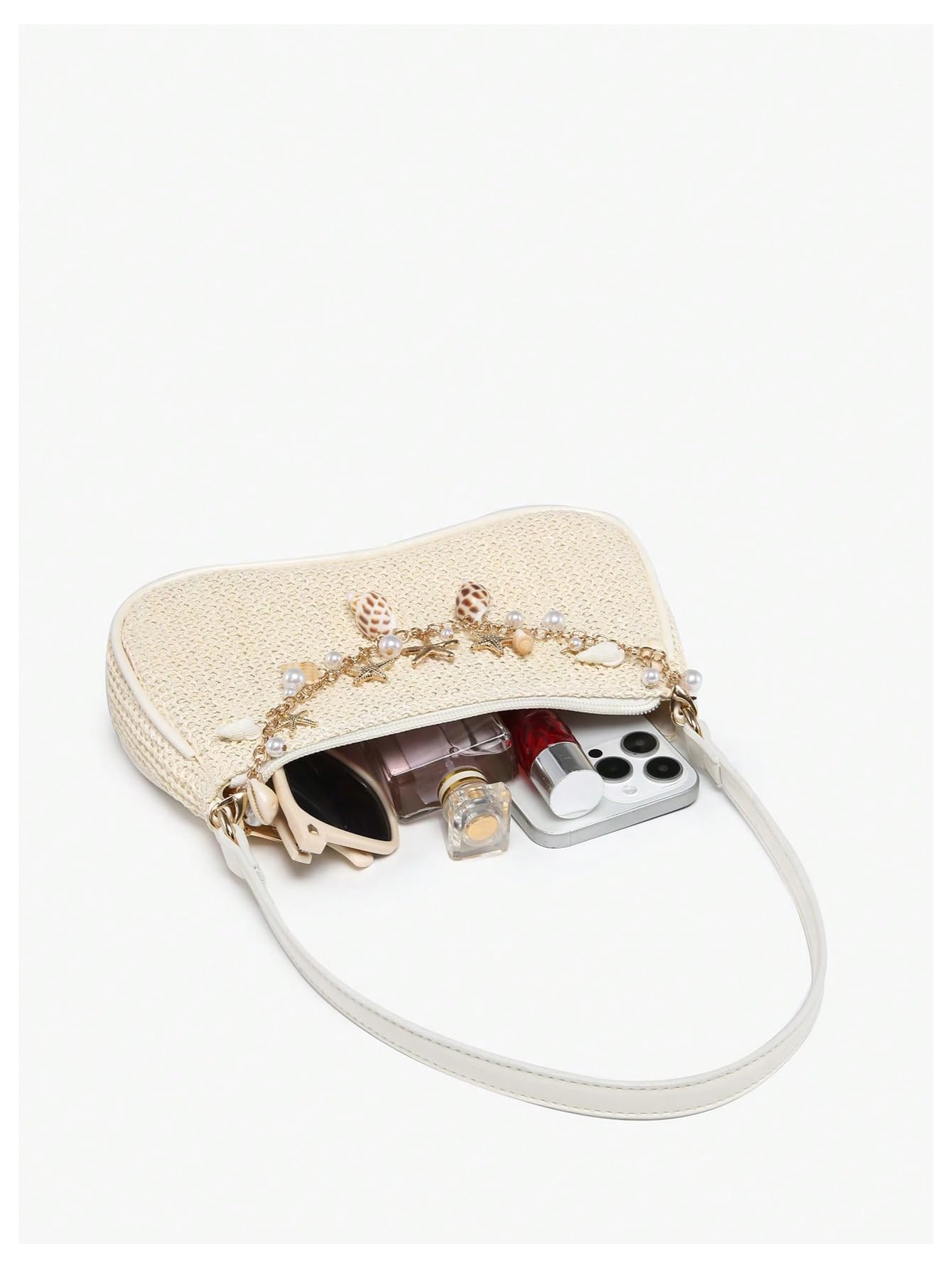 White woven pearl-embellished shoulder bag - Image 2